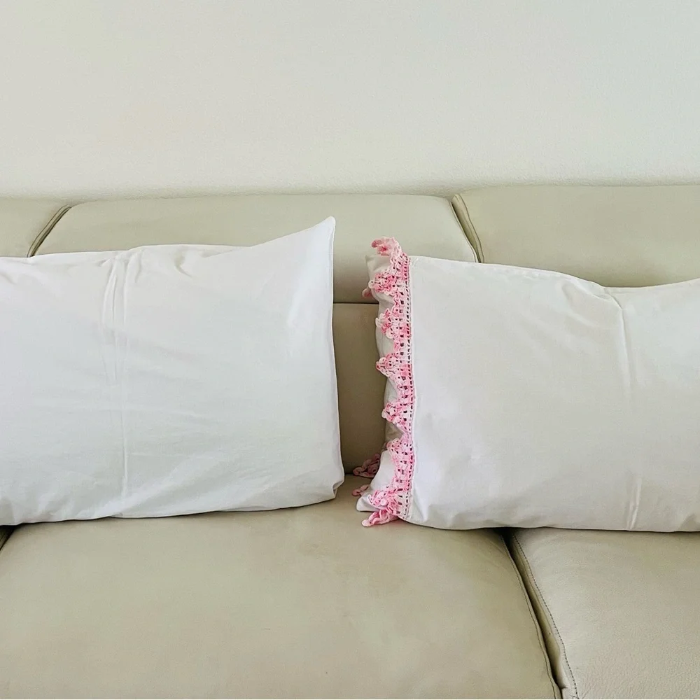 Embroidered White Pillow with Pink Accents 20/25 inches